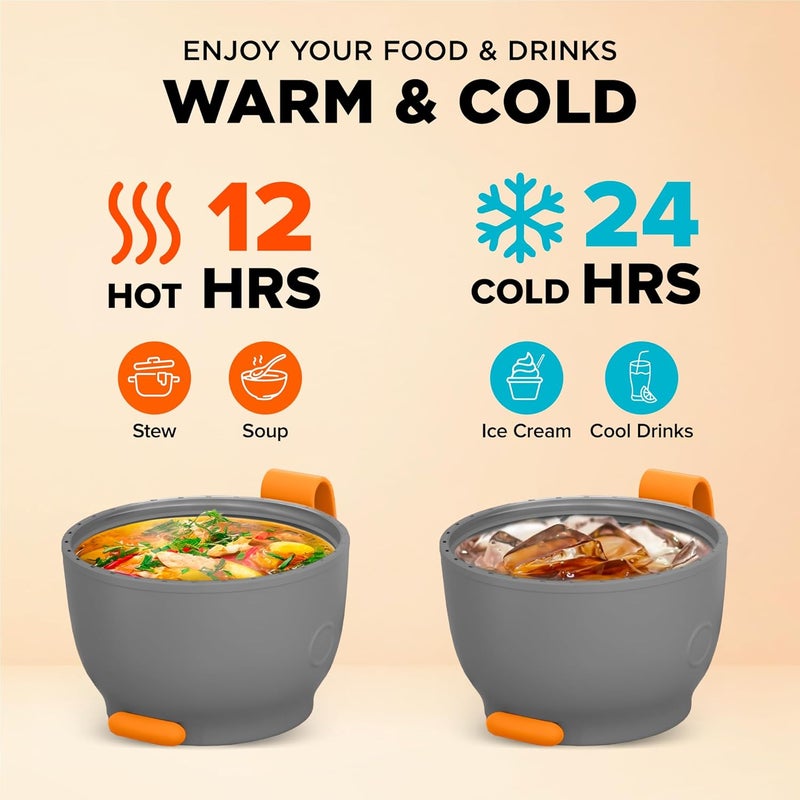 ENERGIFY Vacuum Insulated Food Jar. Large 24oz Bowl incl. Folding Spoon, Cup. Wide Mouth Keep Hot & Cold Drinks Soup Lunch Container for Adults. BPA-Free Stainless Steel, Leak Proof Orange - Image 3